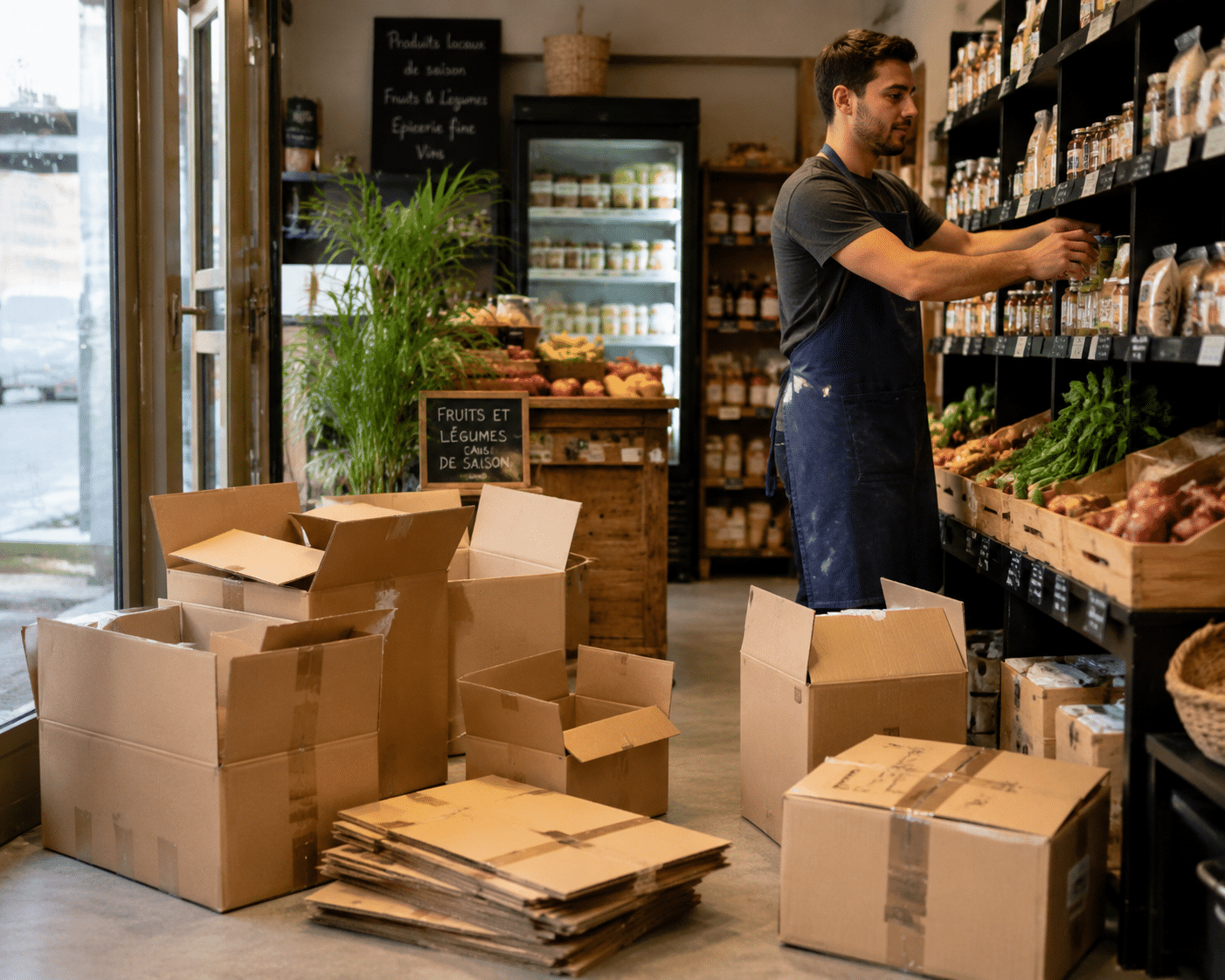 Commerçant local donnant des cartons