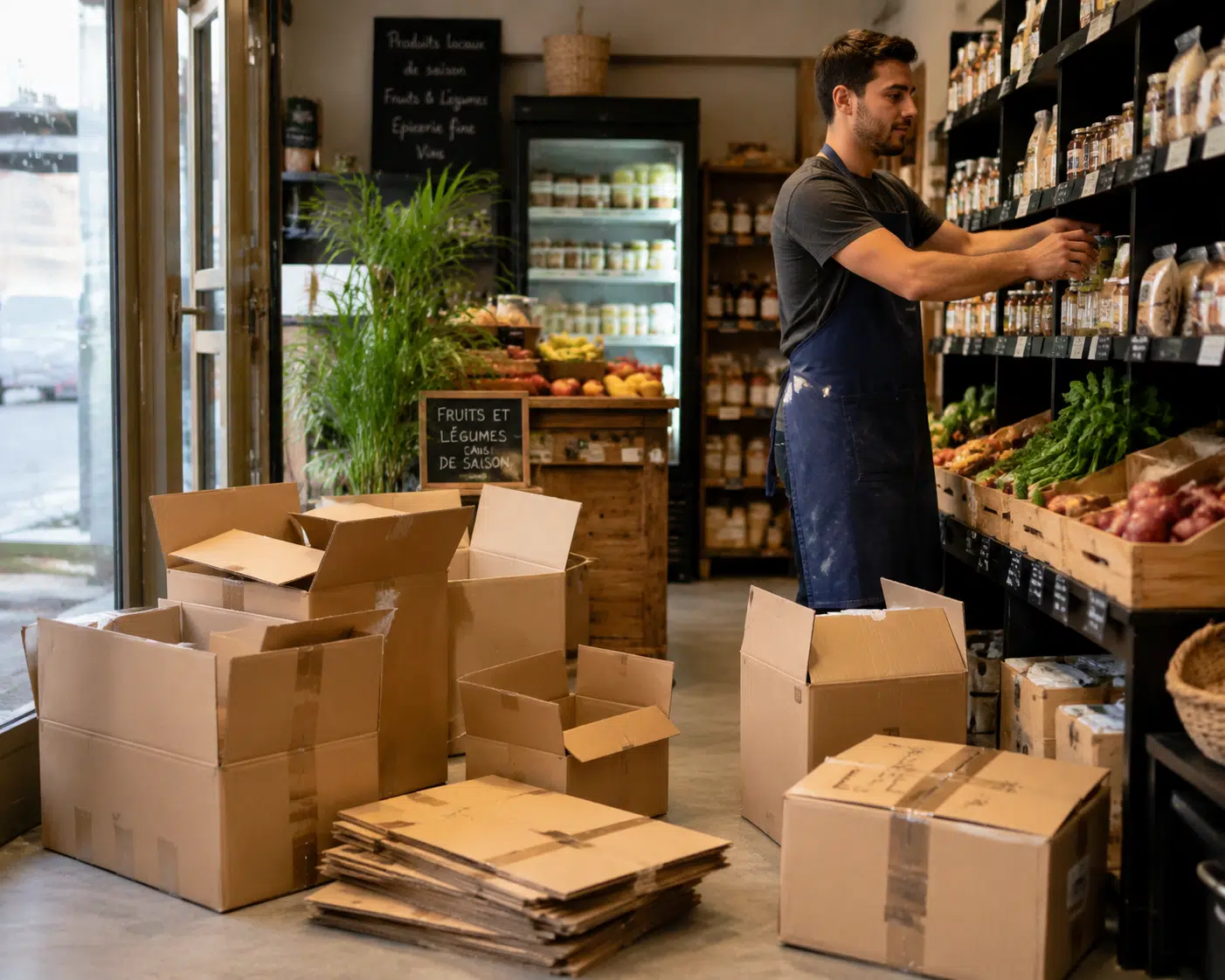 Commerçant déballant ses produits avec des cartons